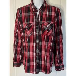 Cato Red Black Plaid W/Silver Thread Long Sleeve Pockets Country Shirt M